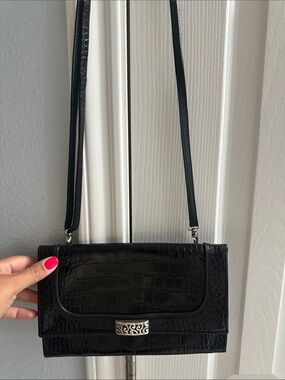 Brighton Travel The World Black Croc Embossed Leather Clutch Crossbody Bag